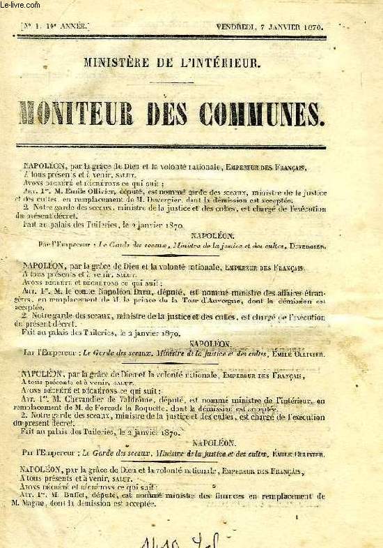 MONITEUR DES COMMUNES, 19e ANNEE, N 1-37, JAN.-SEPT. 1870