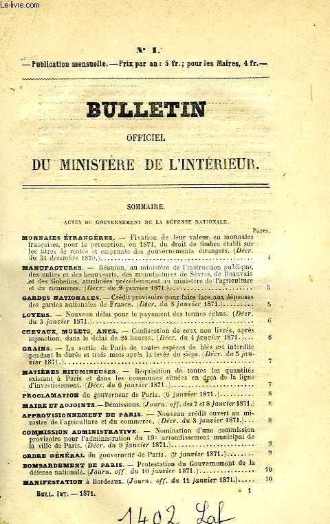 BULLETIN OFFICIEL DU MINISTERE DE L'INTERIEUR, 34e ANNEE, 1871