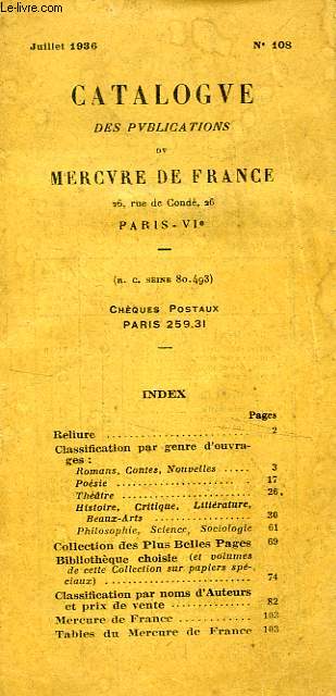 CATALOGUE DES PUBLICATIONS DU MERCURE DE FRANCE, N 108, JUILLET 1936