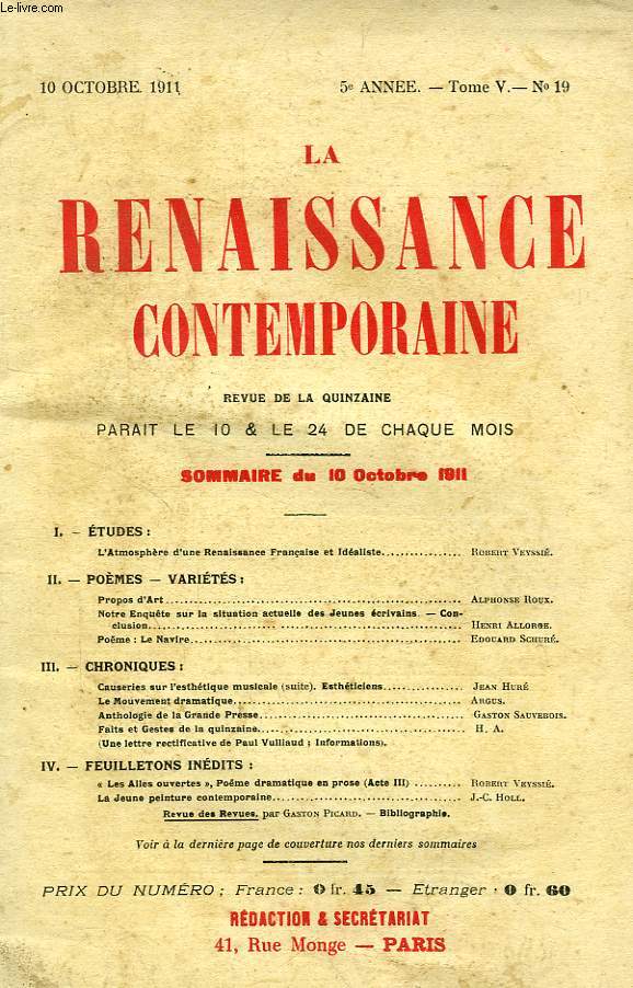 LA RENAISSANCE CONTEMPORAINE, 5e ANNEE, N 19, OCT. 1911