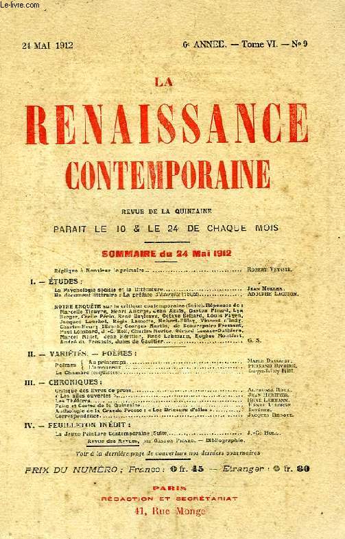 LA RENAISSANCE CONTEMPORAINE, 6e ANNEE, N 9, MAI 1912