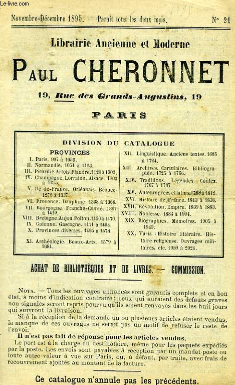 LIBRAIRIE ANCIENNE ET MODERNE PAUL CHERONNET, N 21, NOV.-DEC. 1895 (CATALOGUE)