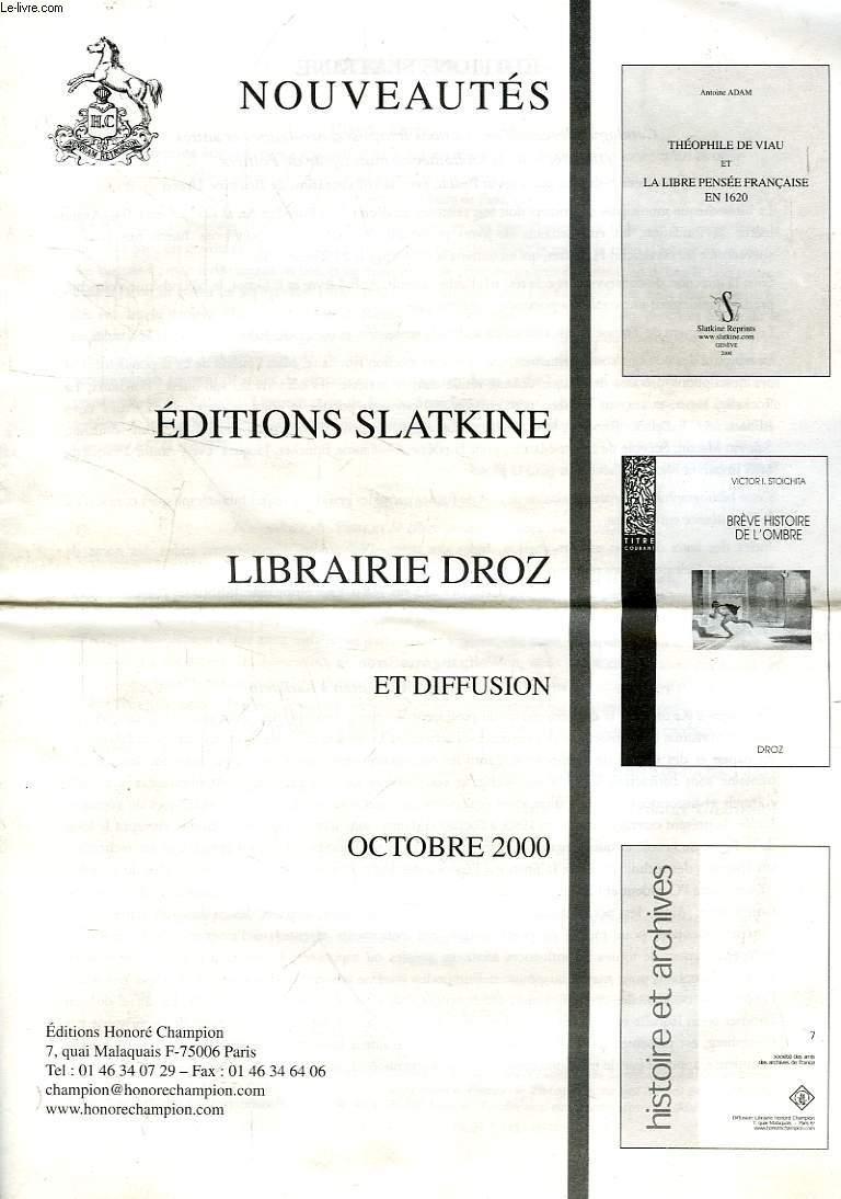 NOUVEAUTES, EDITIONS SLATKINE, LIBRAIRIE DROZ ET DIFFUSION, OCT. 2000