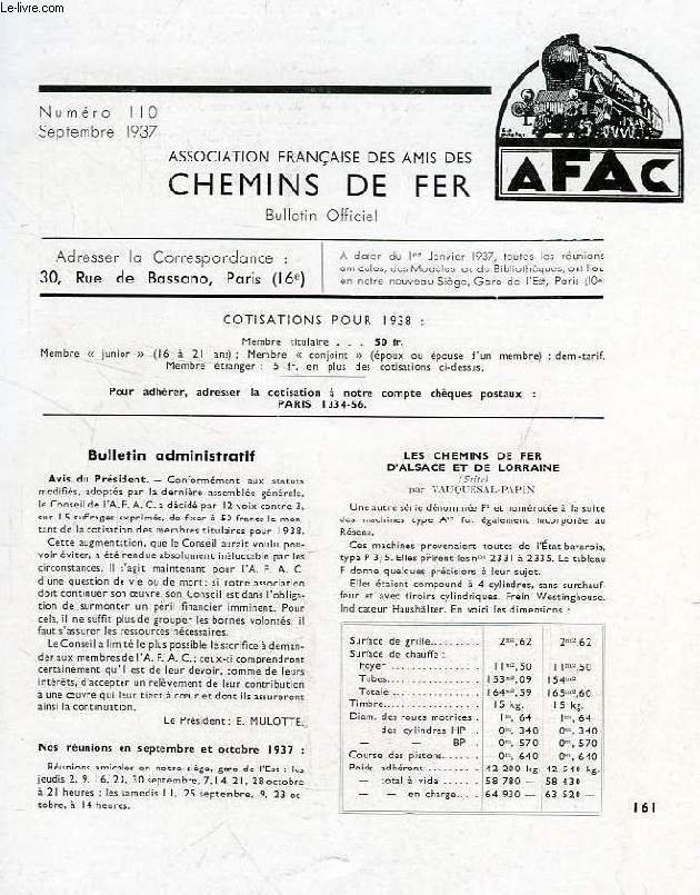 CHEMINS DE FER, N 110, SEPT. 1937, REVUE DE L'ASSOCIATION FRANCAISE DES AMIS DES CHEMINS DE FER