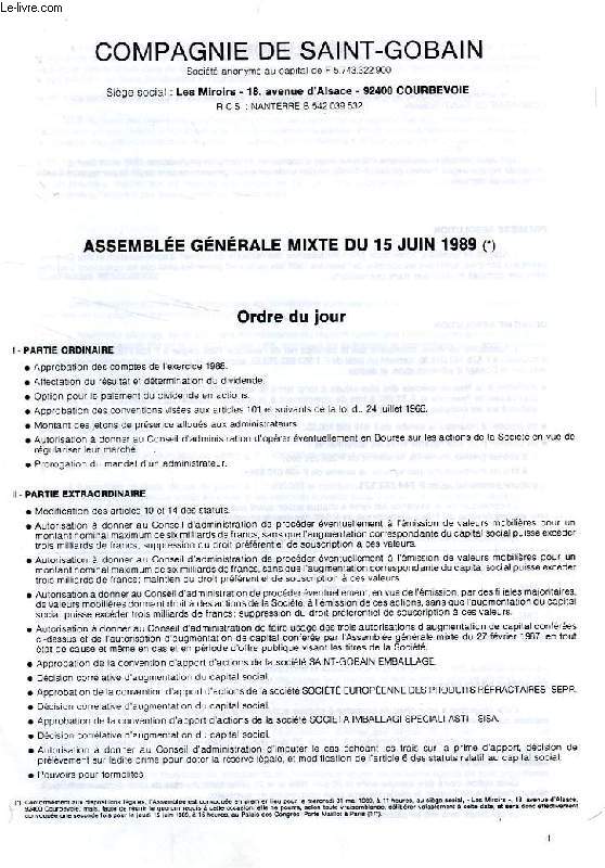 COMPAGNIE DE SAINT-GOBAIN, ASSEMBLEE GENERALE MIXTE DU 15 JUIN 1989