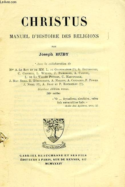 CHRISTUS, MANUEL D'HISTOIRE DES RELIGIONS