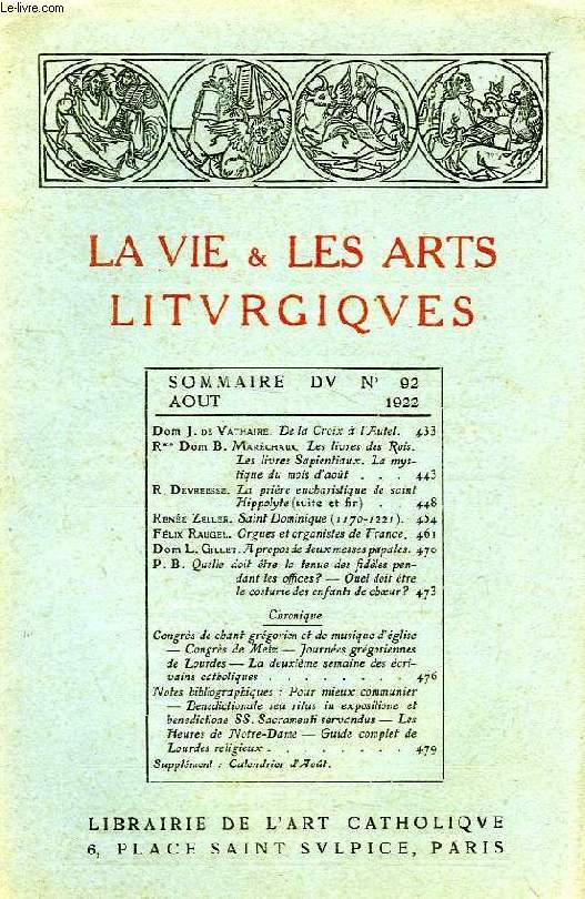 LA VIE & LES ARTS LITURGIQUES, N 92, AOUT 1922