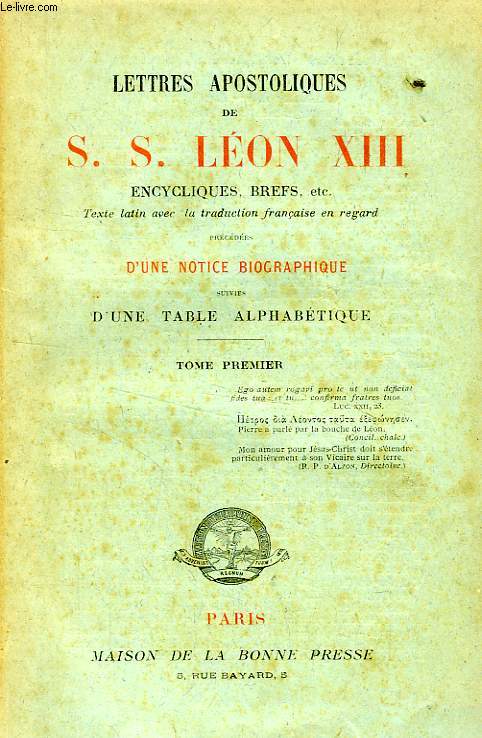 LETTRES APOSTOLIQUES DE S. S. LEON XIII, TOME I