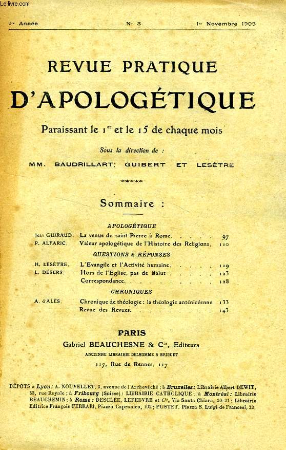 REVUE PRATIQUE D'APOLOGETIQUE, 1re ANNEE, N 3, NOV. 1905