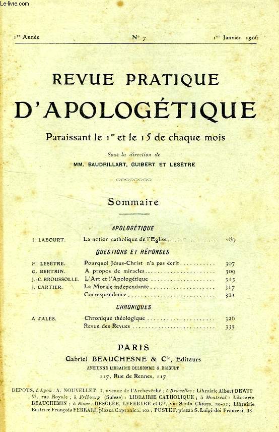 REVUE PRATIQUE D'APOLOGETIQUE, 1re ANNEE, N 7, JAN. 1906