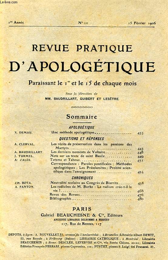 REVUE PRATIQUE D'APOLOGETIQUE, 1re ANNEE, N 10, FEV. 1906