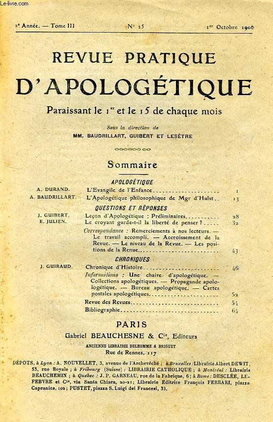 REVUE PRATIQUE D'APOLOGETIQUE, 2e ANNEE, TOME III, N 25, OCT. 1906