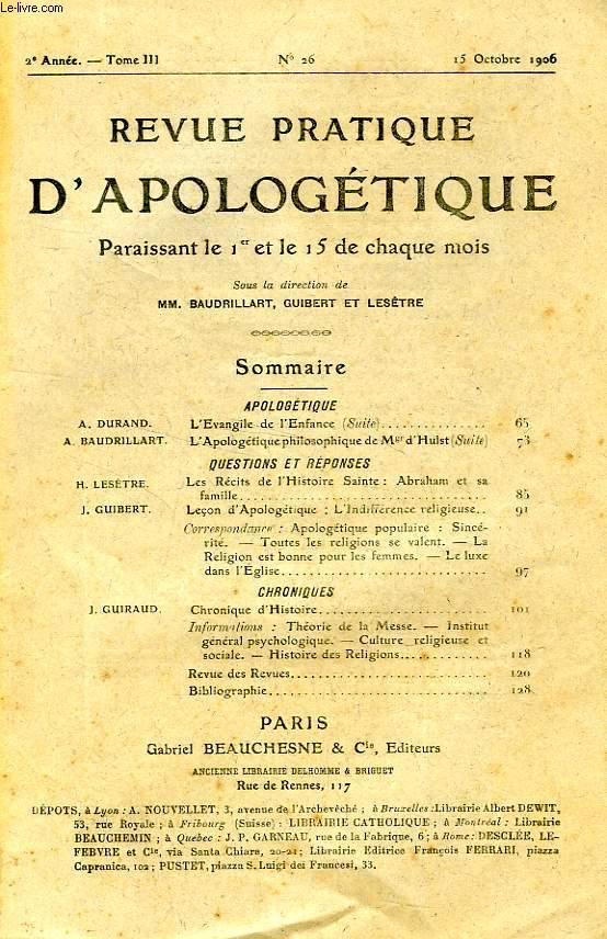 REVUE PRATIQUE D'APOLOGETIQUE, 2e ANNEE, TOME III, N 26, OCT. 1906