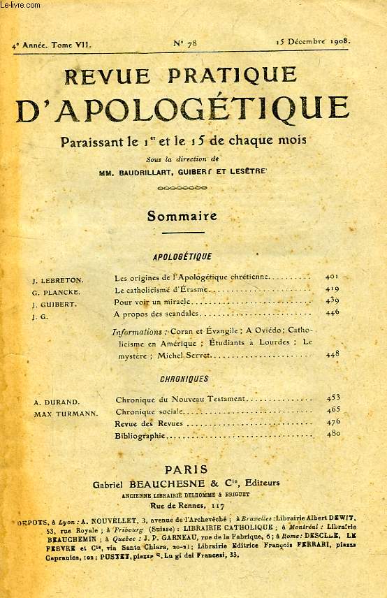 REVUE PRATIQUE D'APOLOGETIQUE, 4e ANNEE, TOME VII, N 78, DEC. 1908