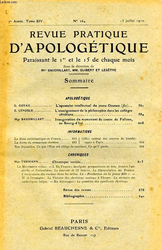 REVUE PRATIQUE D'APOLOGETIQUE, 7e ANNEE, TOME XIV, N 164, JUILLET 1912