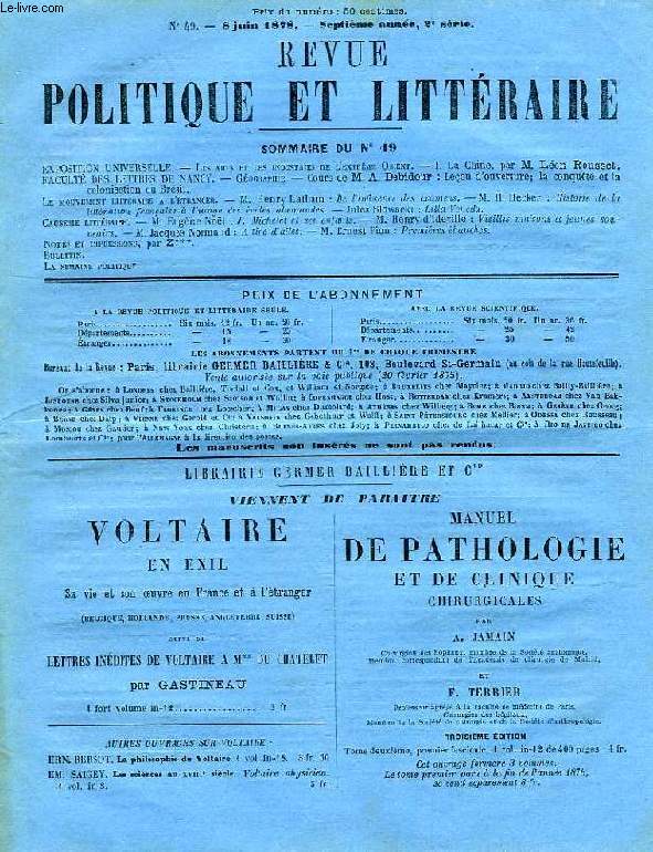REVUE POLITIQUE ET LITTERAIRE, REVUE DES COURS LITTERAIRES (2e SERIE), 7e ANNEE, N 49, JUIN 1878