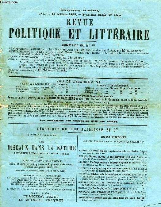 REVUE POLITIQUE ET LITTERAIRE, REVUE DES COURS LITTERAIRES (2e SERIE), 9e ANNEE, N 17, OCT.1879