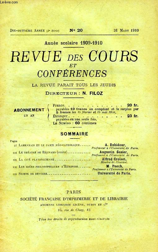 REVUE DES COURS ET CONFERENCES, 18e ANNEE, N 20, MARS 1910