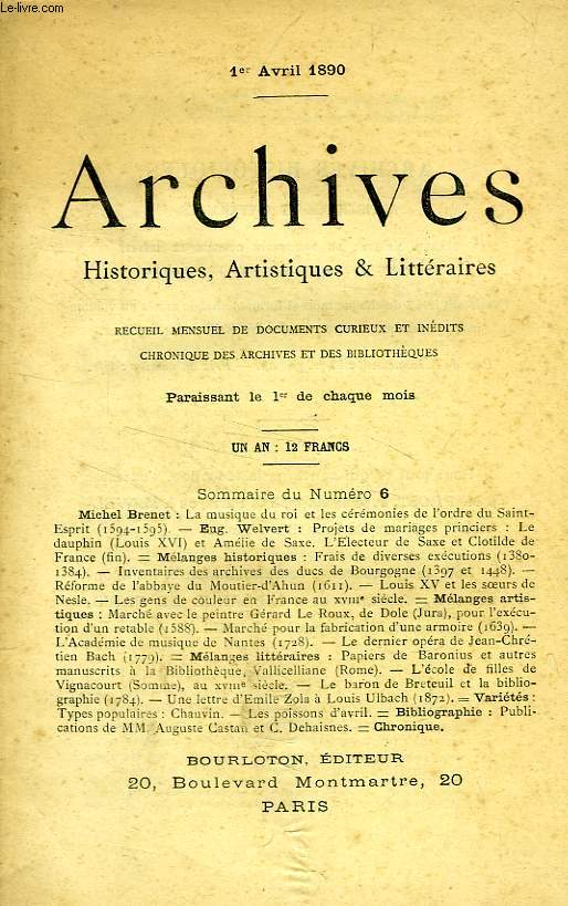 ARCHIVES HISTORIQUES, ARTISTIQUES & LITTERAIRES, 1er AVRIL 1890