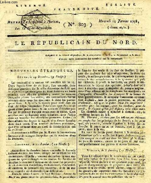 LE REPUBLICAIN DU NORD, N 803, 24 JAN. 1798, LIBERTE, EGALITE, FRATERNITE