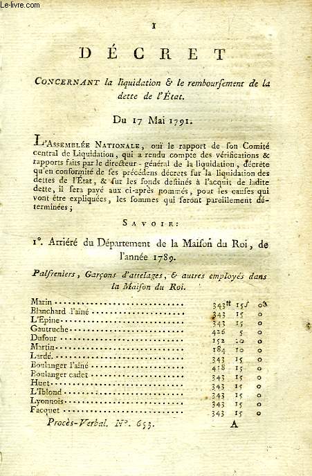 DECRET CONCERNANT LA LIQUIDATION & LE REMBOURSEMENT DE LA DETTE DE L'ETAT, DU 17 MAI 1791