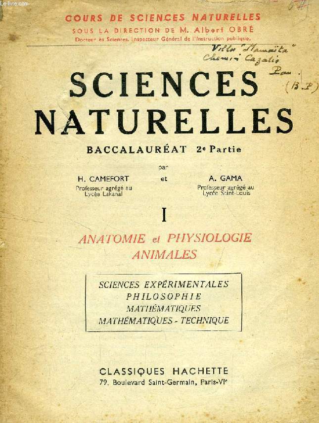 SCIENCES NATURELLES, BACCALAUREAT 2e PARTIE, I, ANATOMIE ET PHYSIOLOGIE ANIMALES