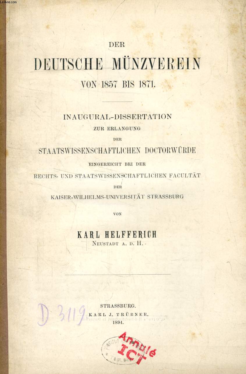 DER DEUTSCHE MNZVEREIN VON 1857 BIS 1871 (INAUGURAL-DISSERTATION)