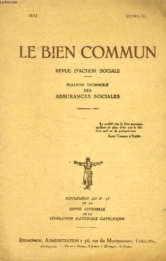 LE BIEN COMMUN, REVUE D'ACTION SOCIALE, MAI 1930