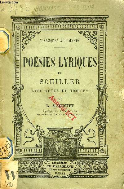 POESIES LYRIQUES DE SCHILLER, CLASSE DE RHETORIQUE