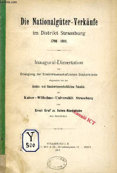 DIE NATIONALGTER-VERKUFE IM DISTRIKT STRASSBURG 1791-1811 (INAUGURAL-DISSERTATION)