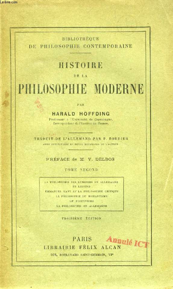 HISTOIRE DE LA PHILOSOPHIE MODERNE, TOME II