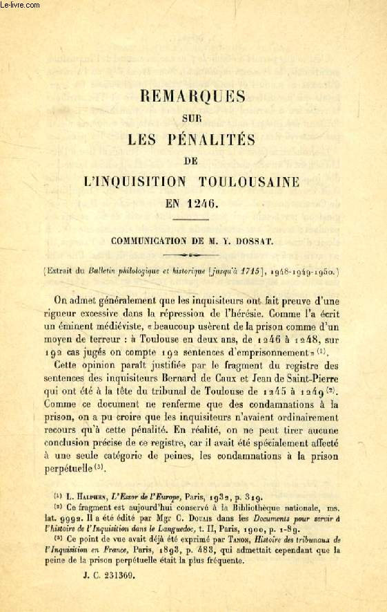 REMARQUES SUR LES PENALITES DE L'INQUISITION TOULOUSAINE EN 1246 (TIRE A PART)