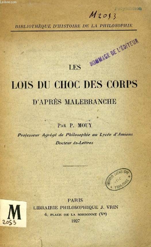 LES LOIS DU CHOC DES CORPS D'APRES MALEBRANCHE