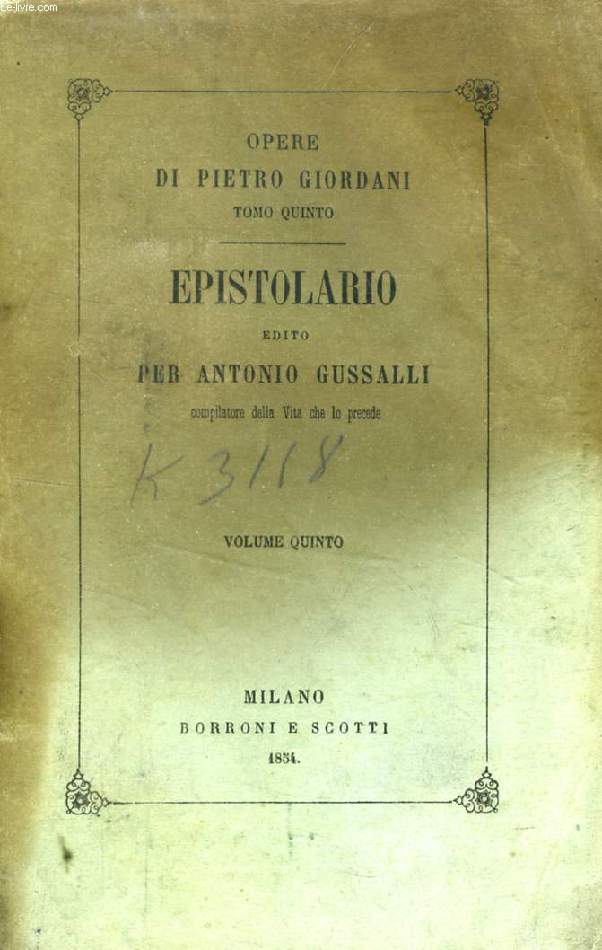 EPISTOLARIO DI PIETRO GIORDANI, VOLUME V