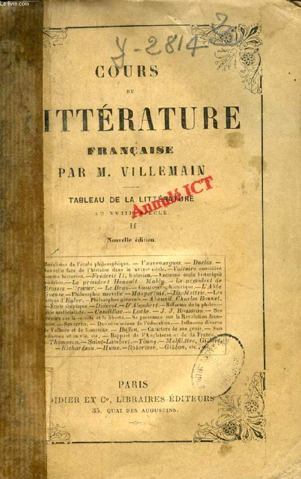 COURS DE LITTERATURE FRANCAISE, TABLEAU DE LA LITTERATURE AU XVIIIe SIECLE, TOME II