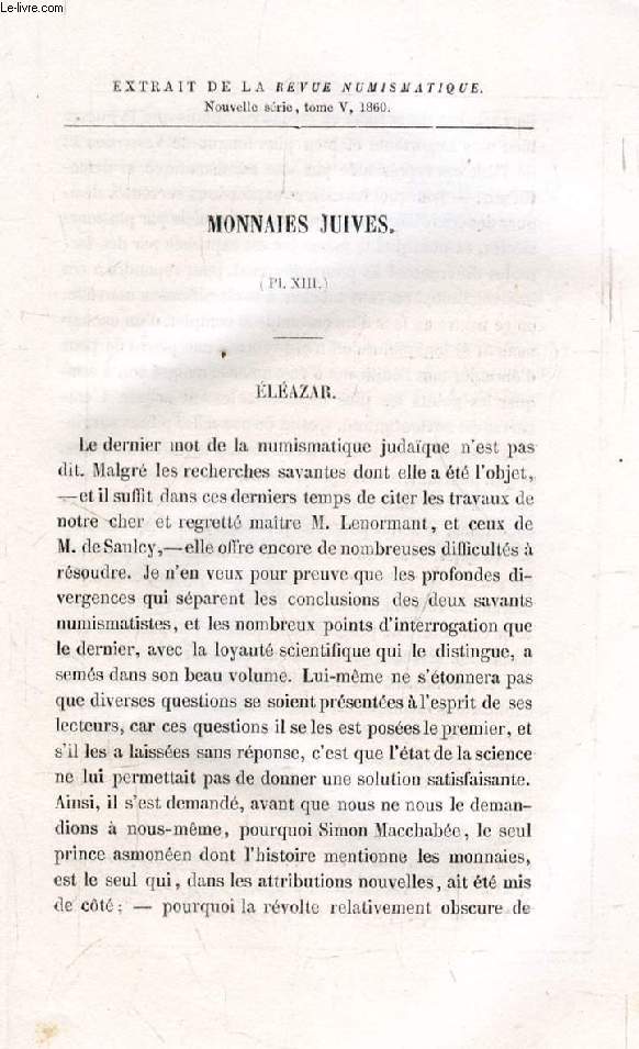 MONNAIES JUIVES (Pl. XIII) (TIRE A PART)