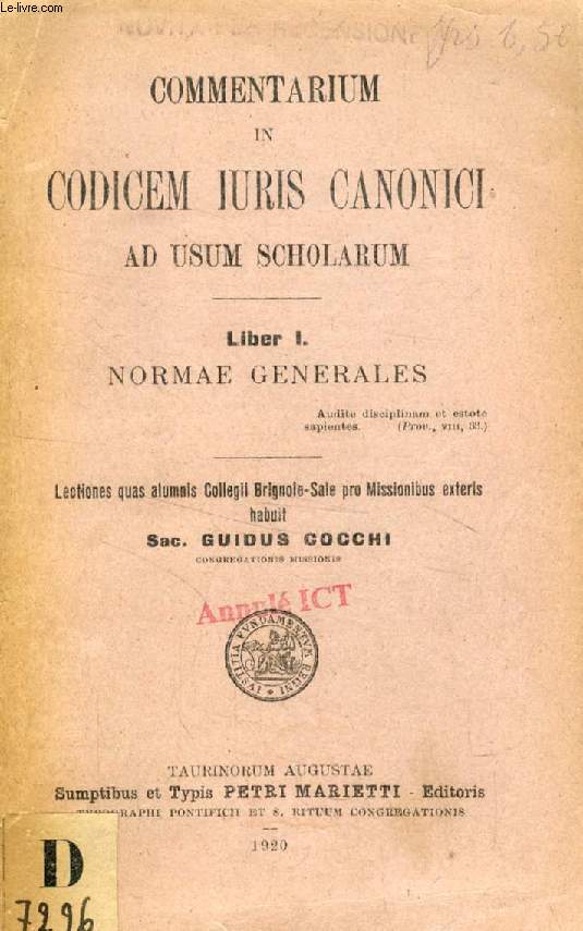 COMMENTARIUM IN CODICEM IURIS CANONICI AD USUM SCHOLARUM, LIBER I, NORMAE GENERALES