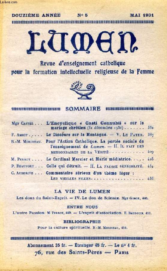 LUMEN, 12e ANNEE, N 5, MAI 1931 (Sommaire: Mgr Castel. L'Encyclique 