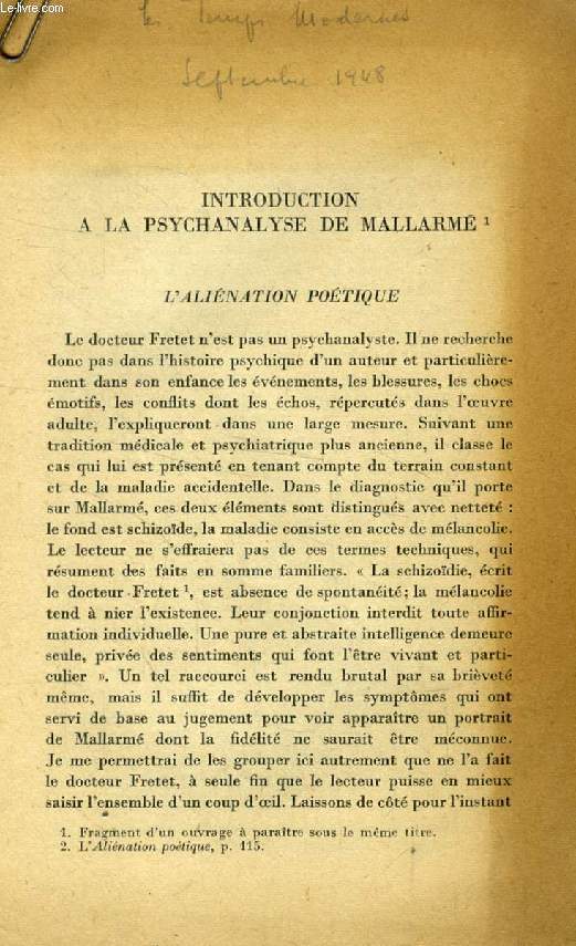 INTRODUCTION A LA PSYCHANALYSE DE MALLARME (TIRE A PART)