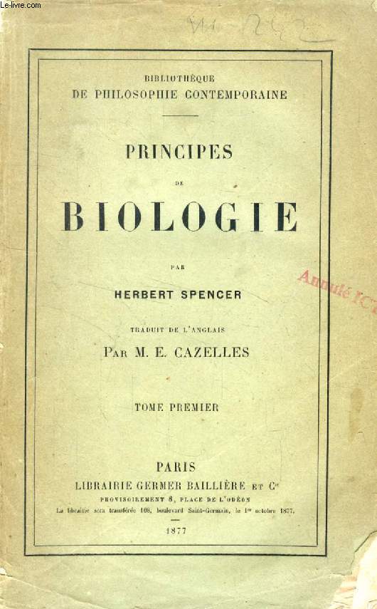 PRINCIPES DE BIOLOGIE, TOME I