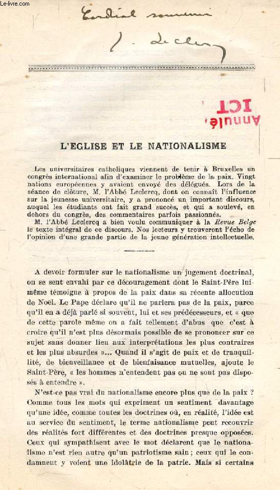 L'EGLISE ET LE NATIONALISME (TIRE A PART)