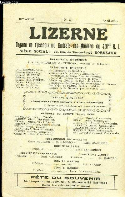 LIZERNE : ORGANE DE L ASSOCIATION AMICALE DES ANCIENS DU 418 EME R.I - N 40 AVRIL 1931