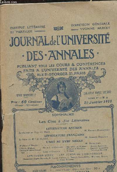 JOURNAL DE L UNIVERSITE TOME I N 3- DES ANNALES - PUBLIANT TOUS LES COURS ET CONFERENCES FAITS A L UNIVERSITE DES ANNALES RUE ST GEORGES , 51 , PARIS