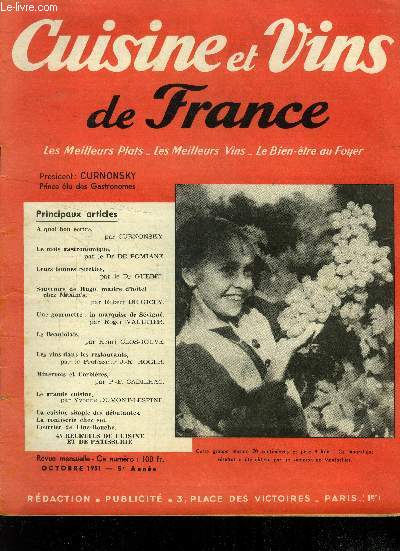 Cuisine et vins de France - 5e anne - Octobre 1951 : Le Beaujolais - Les vins dans les restaurants - Minervois et Corbires - 45 recettes de cuisine et de patisserie