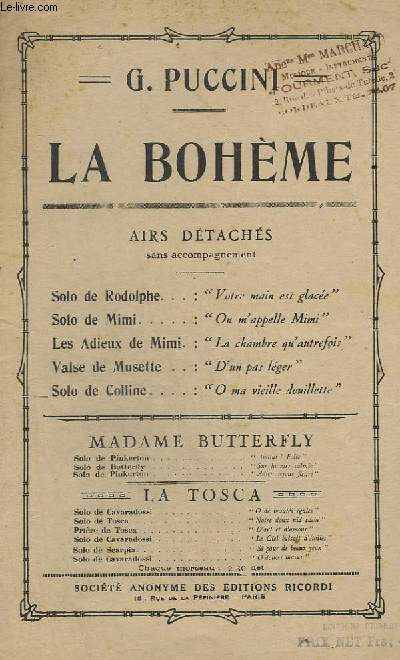 LA BOHEME - SOLO DE COLLINE - CHANT.