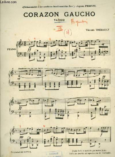 CORAZON GAUCHO - TANGO POUR PIANO + VIOLON (PARTITION MANUSCRITE).