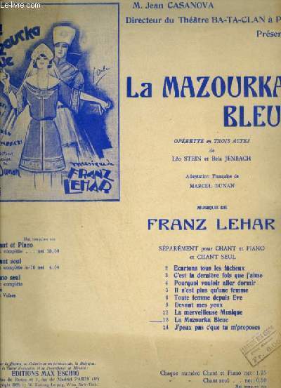 LA MAZOURKA BLEUE - N13 : LA MAZOURKA BLEUE - POUR PIANO ET CHANT AVEC PAROLES.
