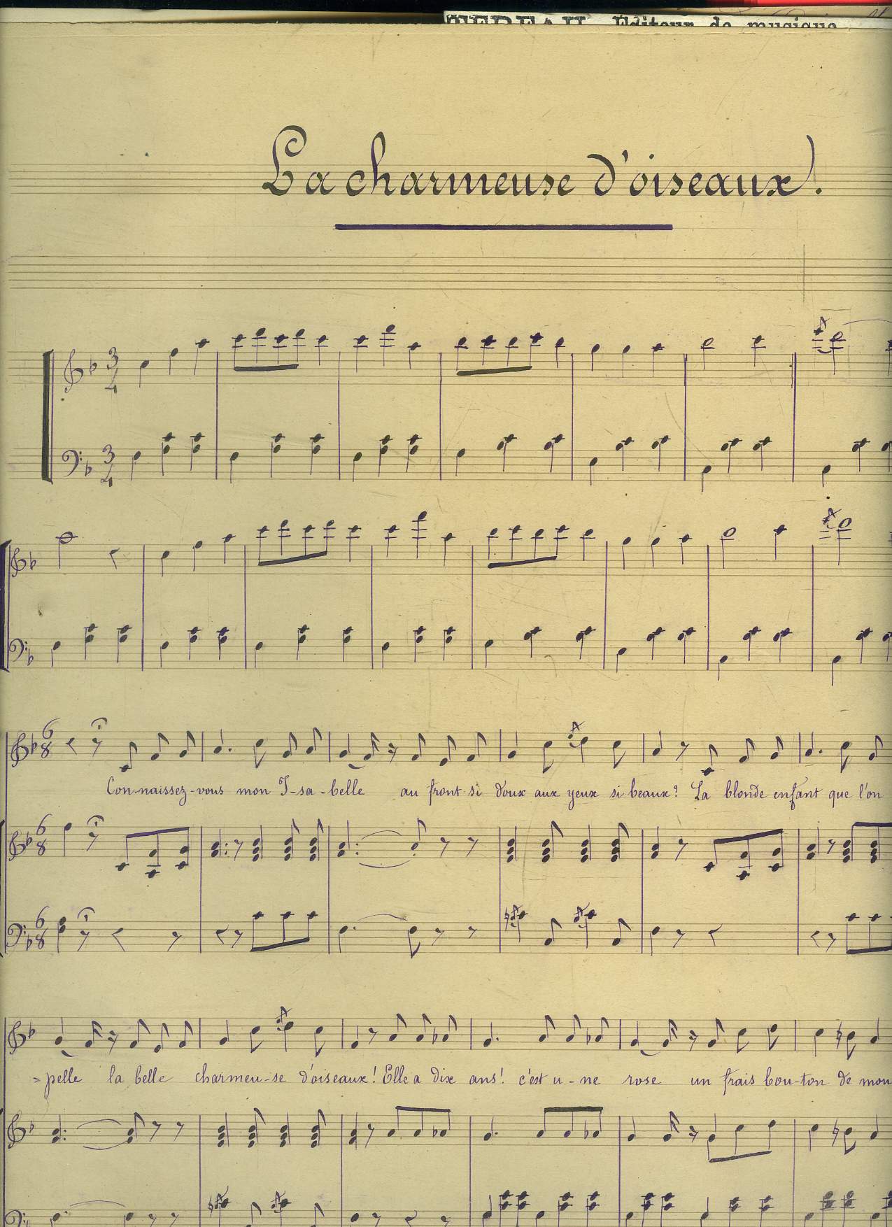 la charmeuse d'oiseaux, partition manuscrite pour piano et chant