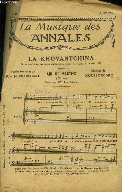 La musique des annales (supplment aux annales politiques et littraires) N 19 : 3 juin 1923 : La khovantchina