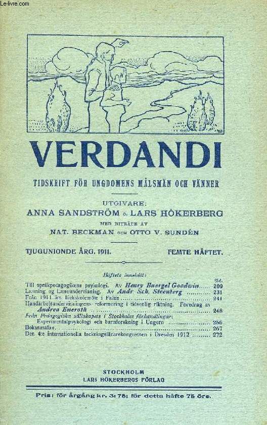 VERDANDI, TJUGUNIONDE RG. 1911, FEMTE HFTET, TIDSKRIFT FR UNGDOMENS MLSMN OCH VNNER